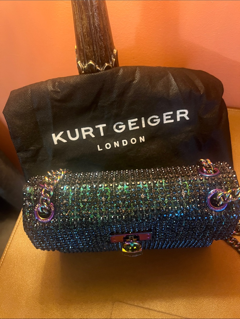 Kurt Geiger Iridescent Black Crystal Chain Crossbody - Picture 2 of 4